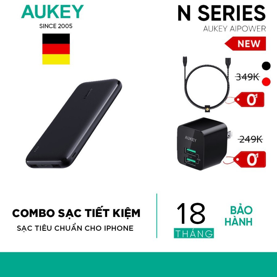 Combo Sạc iPhone AUKEY Sạc 10.000 mAh PB-N73,Cốc 12W PA-U32, Cáp Sạc Lighting MFi CB-AL1