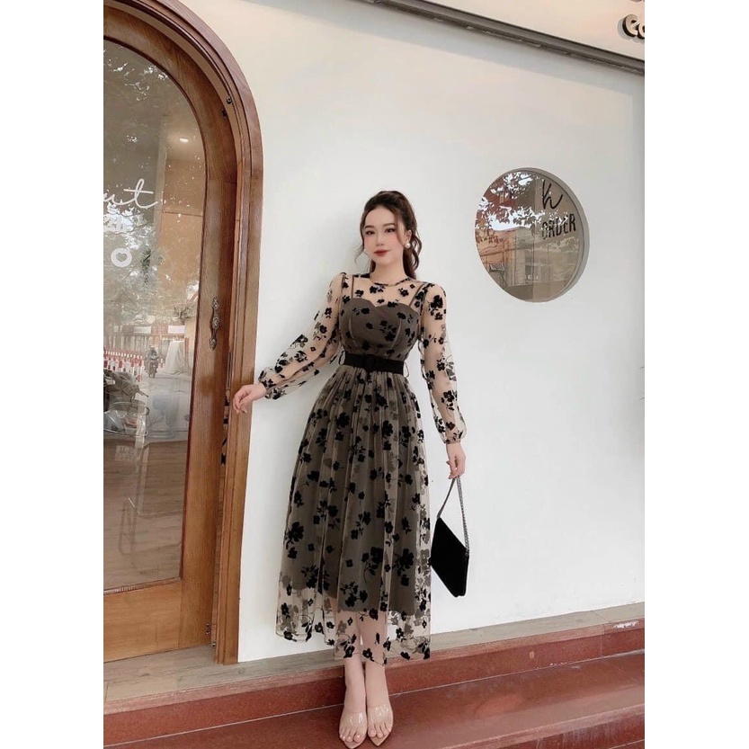 [Sale 50% free ship] Đầm midi dáng dài đi dự tiệc cưới siêu xinh với thiết kế lưới chủ đạo cực sexy có lót tôn dáng đẹp