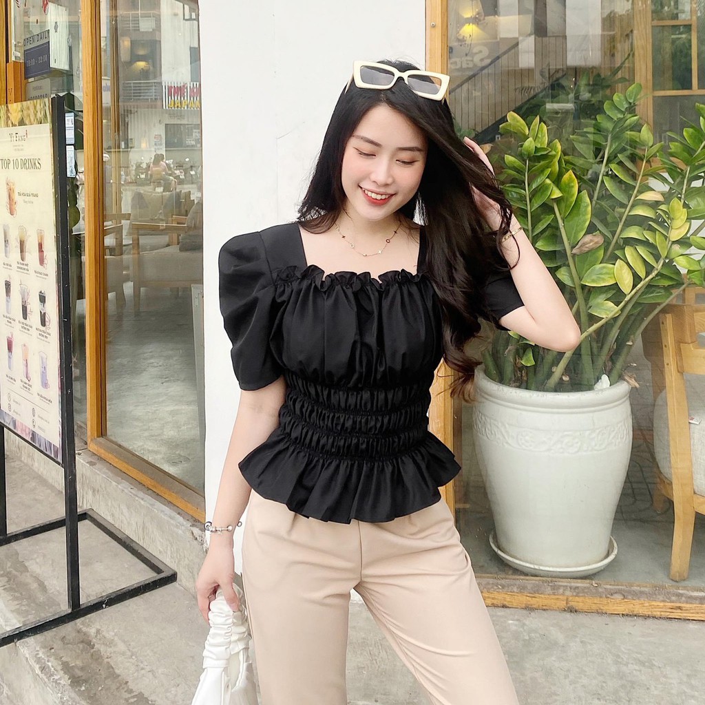 Áo Kiểu Croptop Chất Lụa Mềm Mát, Cổ Vuông Tay Phồng Form Siêu Tôn Dáng