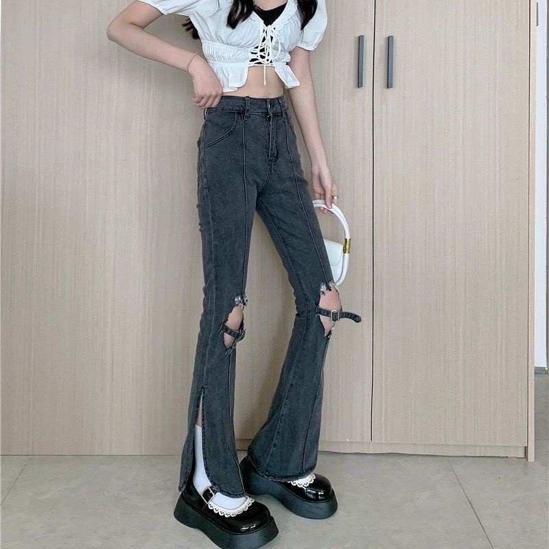 Quần Jean Nữ Lưng Cao Ống Đứng Rách Gối Kiểu Retro Thời Trang Xuân Thu Mới 19