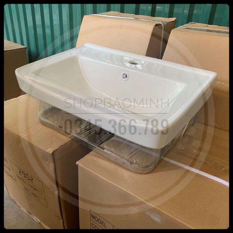 Chậu rửa mặt - Lavabo treo tường kèm giá treo inox, KT 50x36cm