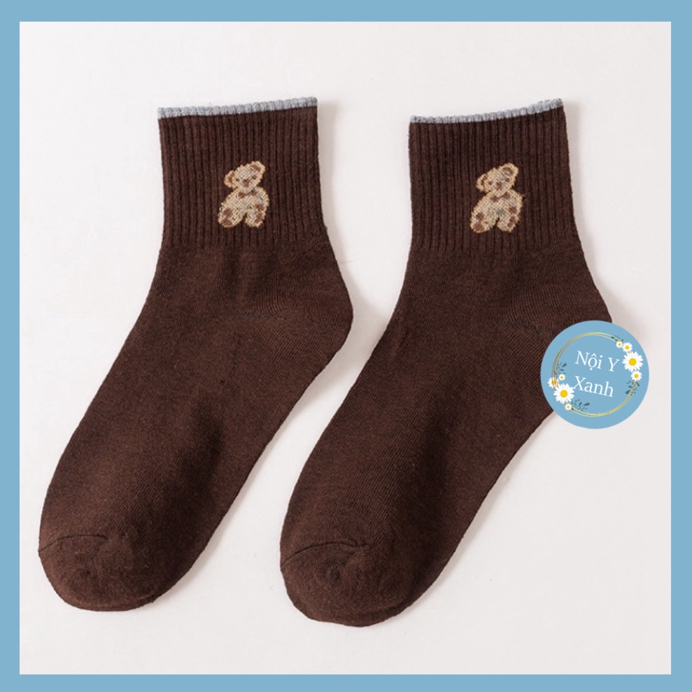 Tất dệt kim cổ cao thêu gấu Phong Cách Vintage Hàn Quốc Mẫu tcc2 Nội Y Xanh chất thoáng mát cao cấp