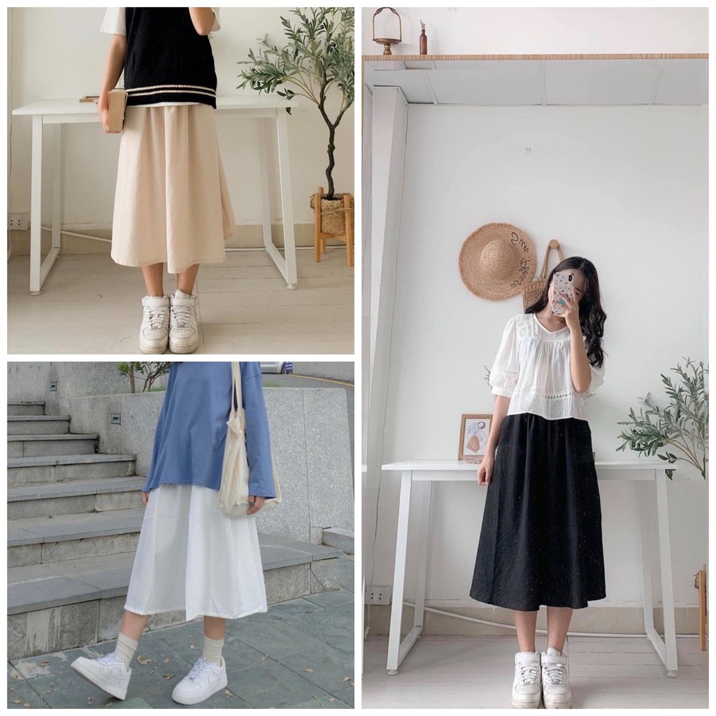 Chân váy đũi dài vintage Quảng Châu -Váy trắng dài style Hàn Quốc- Sikia shop