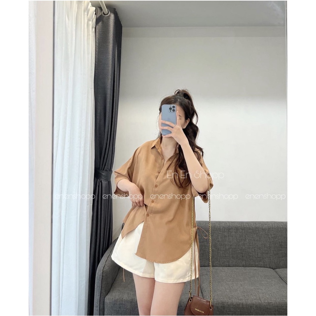 Áo sơ mi ngắn tay chất lụa hàn không nhăn 2 bên buộc dây, áo sơ mi lụa thắt dây eo