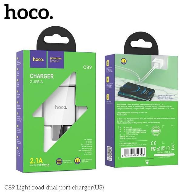 Cốc sạc HOCO C89 Củ sạc 2 cổng USB tối đa 2.1A, dùng cho iPhone, Samsung và máy khác - Hàng chính hãng