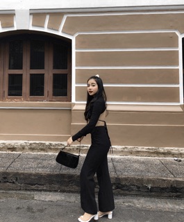 set áo hở lưng và quần tây đen