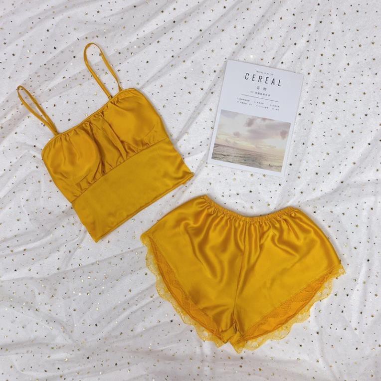 Đồ ngủ sexy nữ 💋Freeship 💋 Đồ ngủ sexy nữ áo có mút quần đùi lụa satin Freesize dưới 60kg New