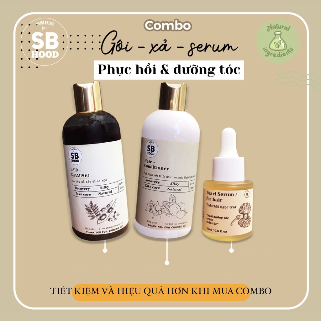 Bộ sản phẩm dầu gội, xả và serum dưỡng tóc thảo mộc SB Hood phục hồi hư tổn và giúp tóc chắc khỏe
