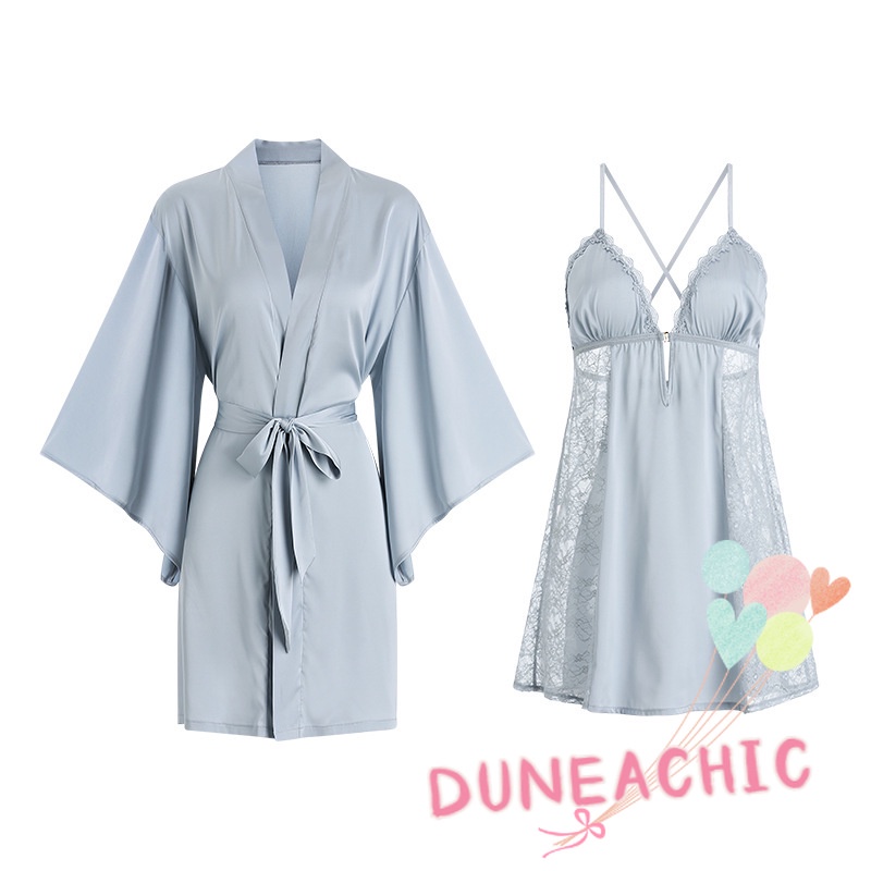 Set Đầm Ngủ Hai Dây Phối Ren Xuyên Thấu Và Áo Choàng Quyến Rũ Dành Cho Nữ