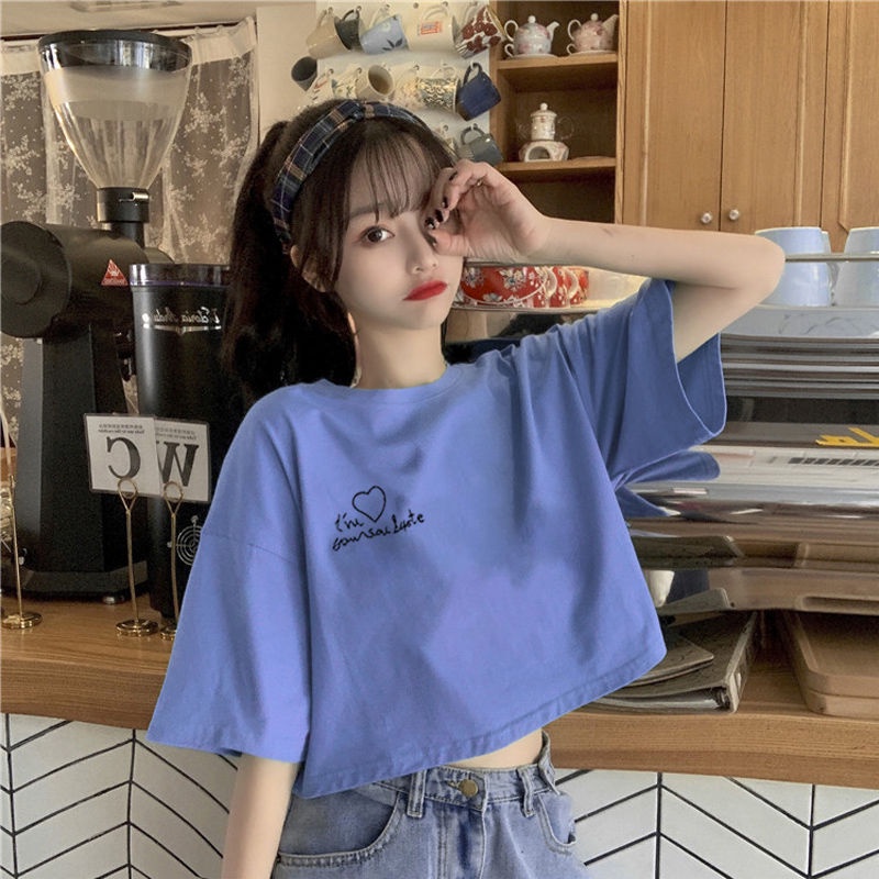 Áo Thun Tay Ngắn Hở Rốn Dáng Ôm Thời Trang Mùa Hè Phong Cách Hàn Quốc Cho Nữ