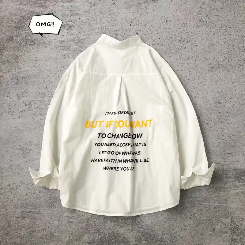 Áo sơ mi nam dài tay MÀU TRẮNG in chữ cotton 100%