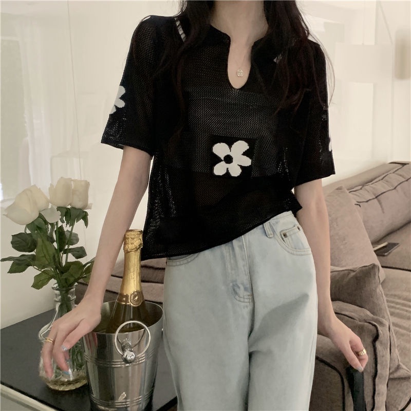 Áo Dệt Kim Tay Ngắn Cổ Chữ v In Họa Tiết Hoa Nhí Xinh Xắn Phong Cách Hàn Quốc Thời Trang Cho Nữ