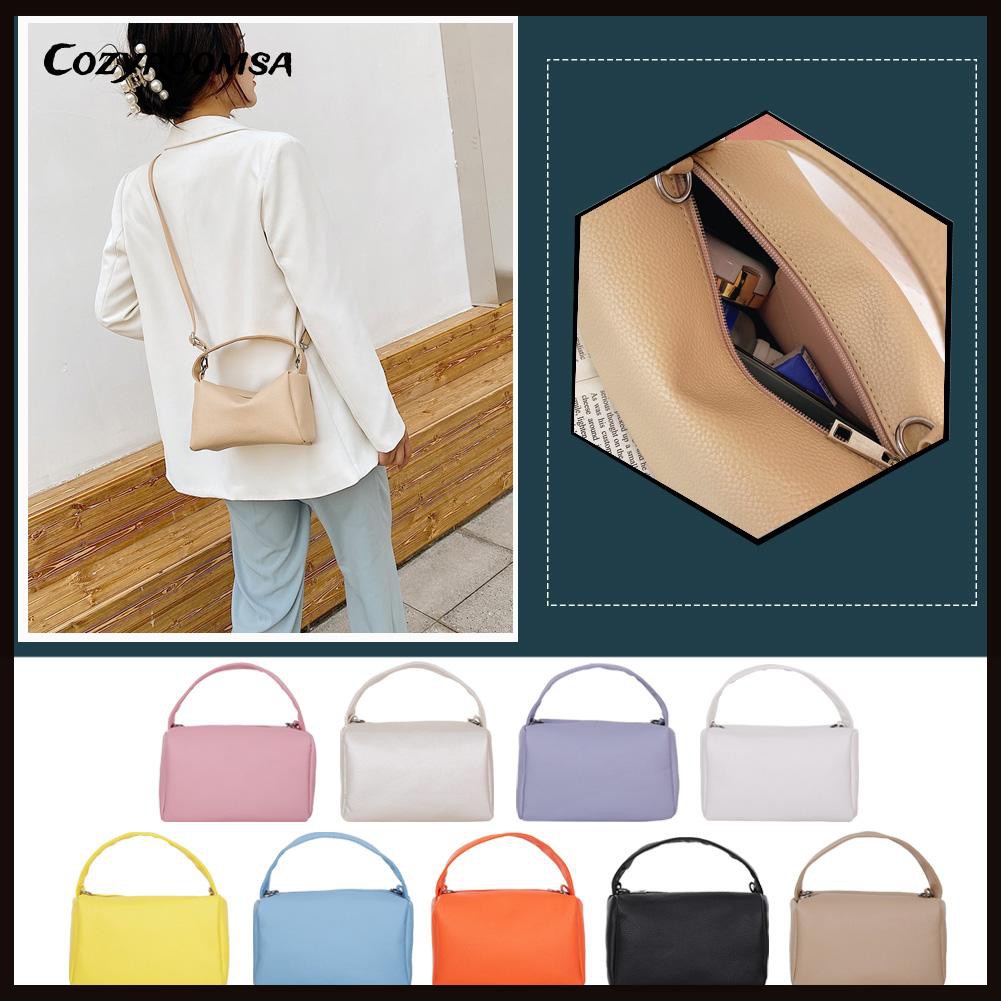 Women PU Pure Color Lychee Pattern Shoulder Bag Vintage Top-handle Handbags