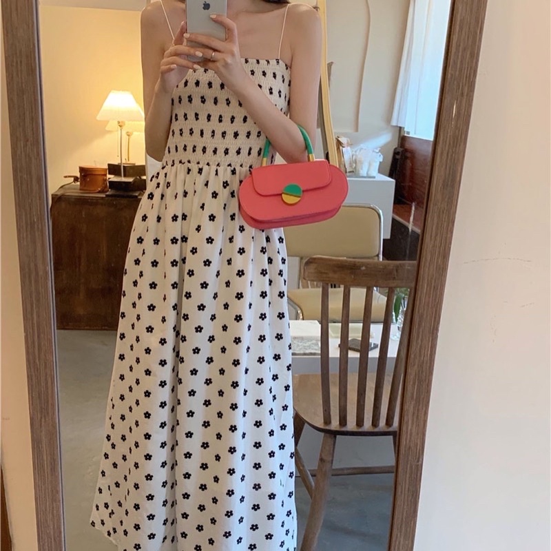 LITTLE DAISY DREESS  Đầm maxi hai dây bông hoa nhỏ màu đen trắng