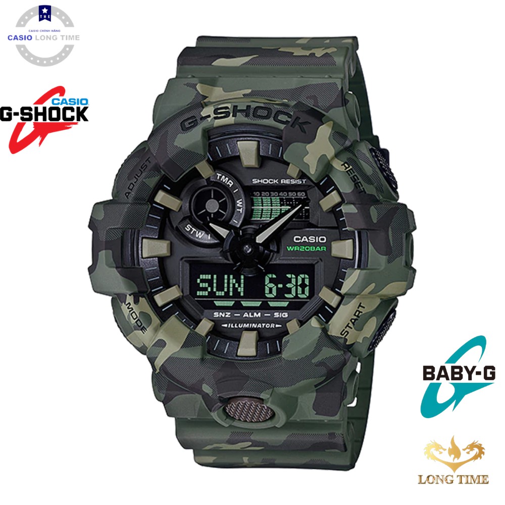 [Mã FARSBRT52 giảm 20% đơn từ 249K] Đồng hồ nam Casio G Shock GA-700CM-3A Màu Quân Đội - chống nước độ sâu 100m có Đèn L