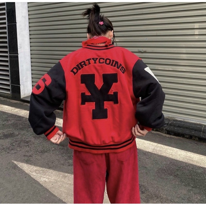 Áo Khoác DirtyCoins Embroidered Varsity Jacket Red Black - Áo Khoác Nỉ Bomber Unisex