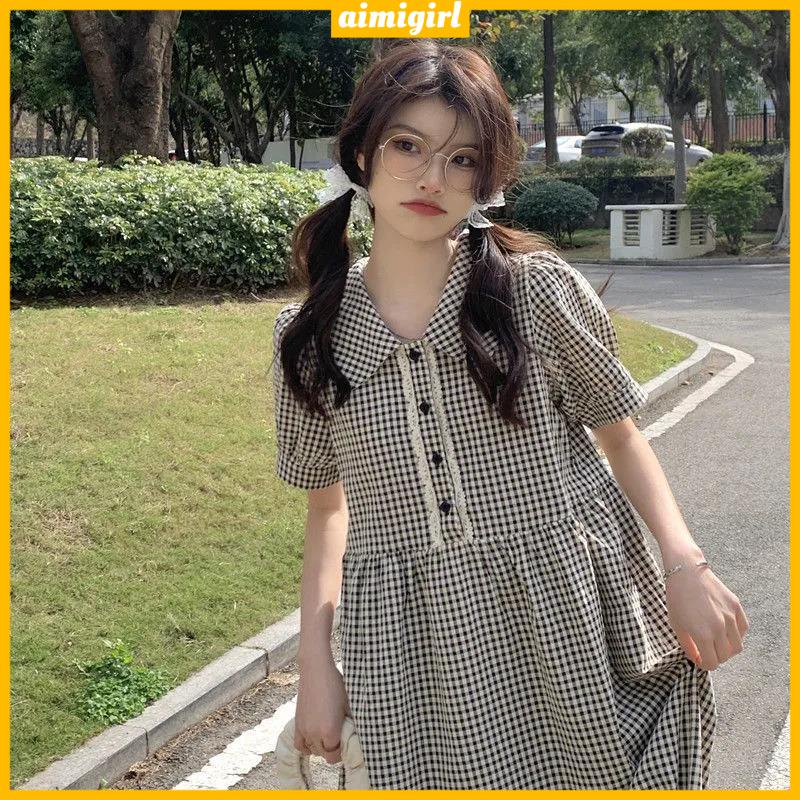 Đầm Chữ A Tay Ngắn Dáng Rộng Cổ Búp Bê Họa Tiết Kẻ Sọc Phong Cách Cổ Điển Thời Trang Cho Nữ