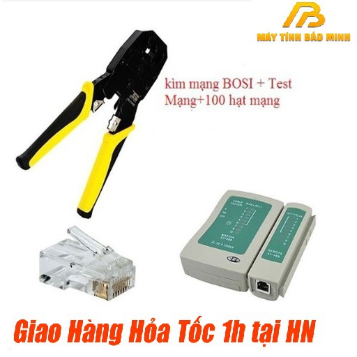 Combo Kìm Bấm Mạng Bosi + 100 Hạt Mạng + Bộ Test Mạng