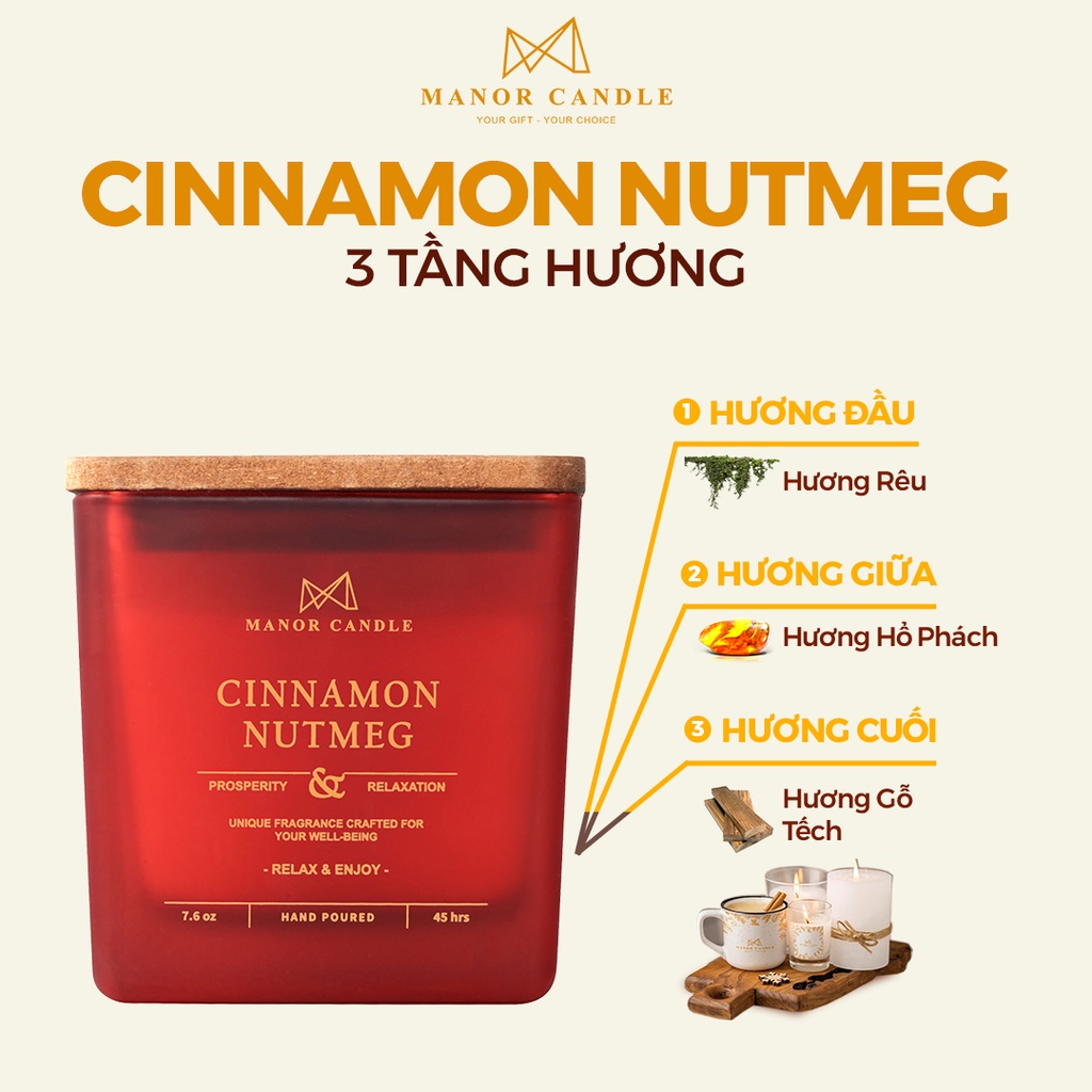 Nến Thơm Cinamon Nutmeg Size 7 OZ Hương Thơm Ấm Áp Của Rêu Hổ Phách Hòa Quyện Cùng Gỗ Tếch - Chính Hãng Manor Candle