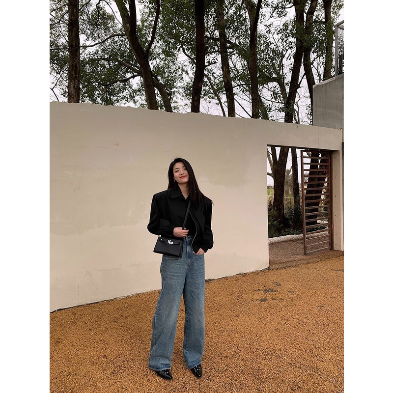 ✖Ruobi Áo Khoác Dáng Rộng Màu Đen Giả Hai Lớp Phong Cách Retro Mùa Xuân Dễ Phối Đồ Dành Cho Nam Nữ
