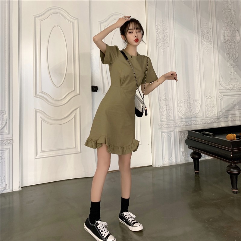 Đầm ngắn tay màu trơn đơn giản thiết kế lưng cao phong cách Hàn Quốc cho nữ | BigBuy360 - bigbuy360.vn