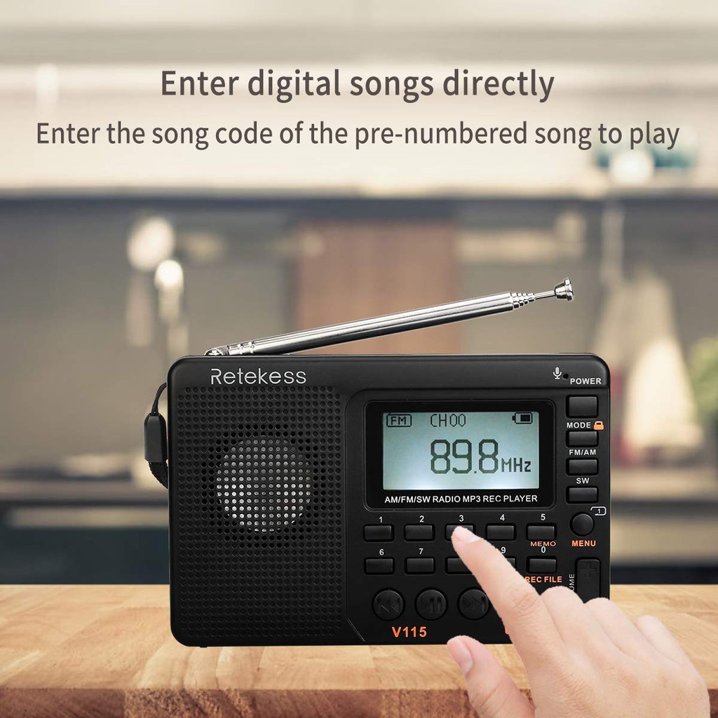 Radio Retekess V115 Fm Sóng Ngắn Nghe Nhạc Mp3 Ghi Âm Kỹ Thuật Số Hỗ Trợ Thẻ Micro Sd Tf Và Chức Năng Hẹn Giờ Ngủ