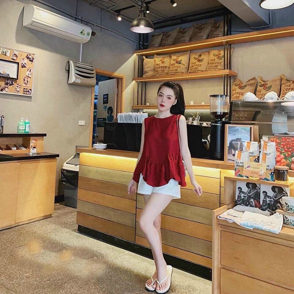 Sét Bộ Đũi Cổ Tròn Họa Tiết Áo Xòe Màu Đỏ Phối Quần Đùi Trắng Cực Xinh Dễ Thương