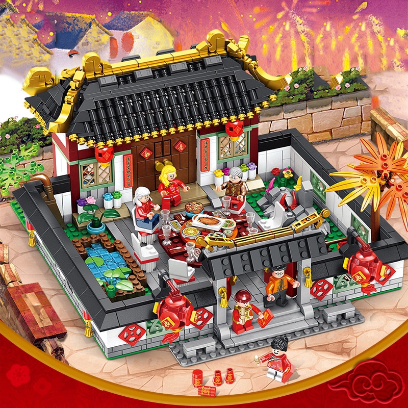 Chinese City Street Spring Festival New Year's Eve Family Dinner Dragon dance Building Blocks Lego Gift Toys