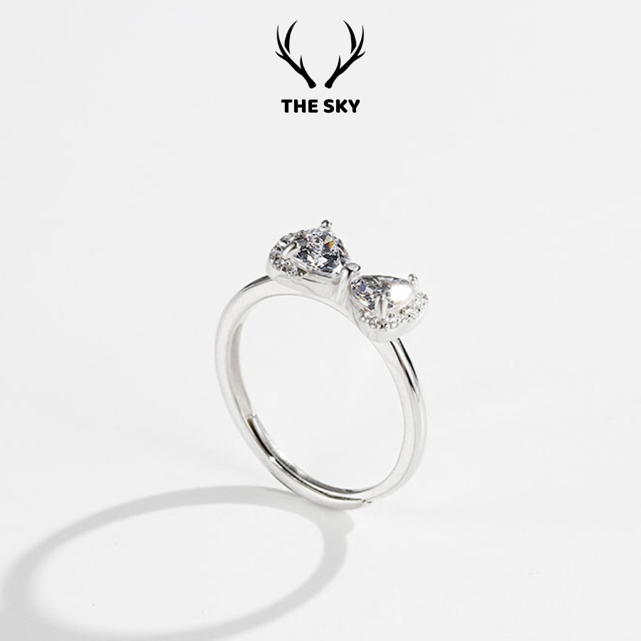Nhẫn Bạc Nữ THE SKY NB13 Hình Nơ Đính Đá Sáng Lấp Lánh Freesize Cỏ Thể Điều Chỉnh Theo Tay