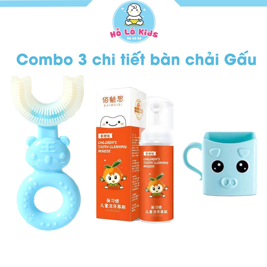 Combo 3 chi tiết bàn chải Gấu chữ u, kem đánh răng và cốc cho bé silicon siêu mềm Hồ Lô Kids