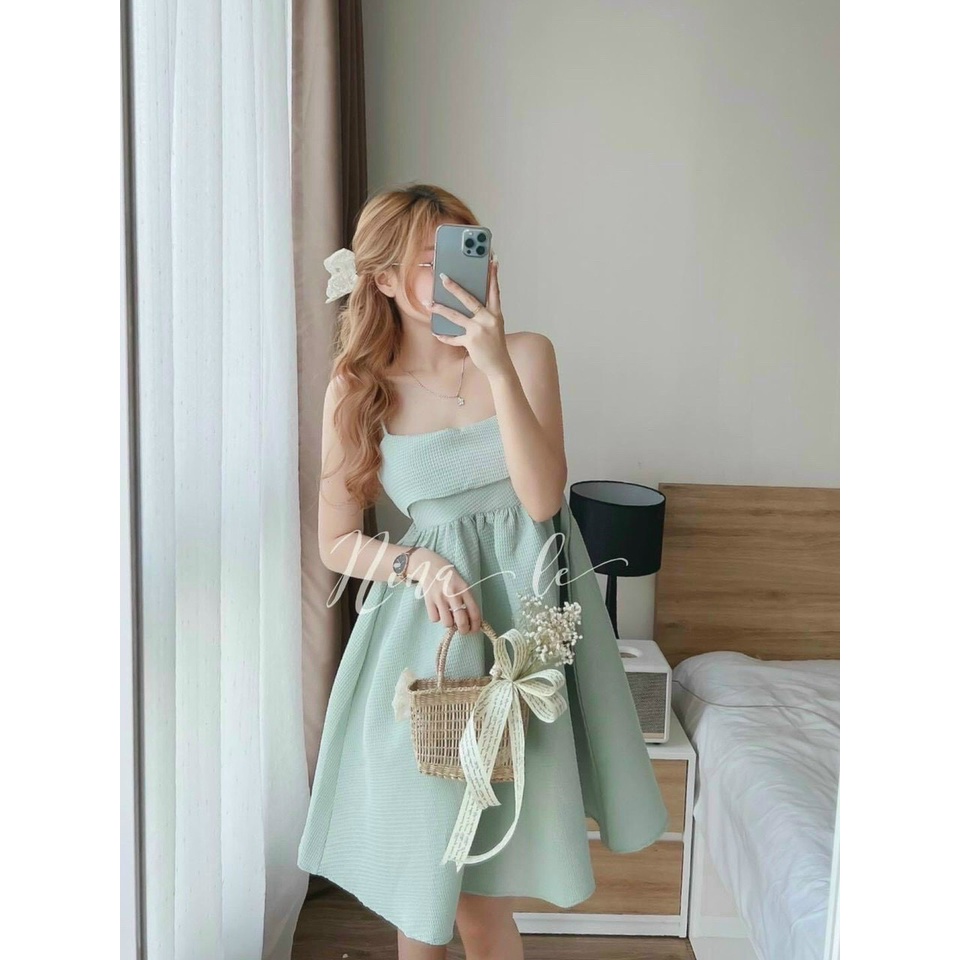 Đầm xòe hai dây cột nơ sau có mút xinh đẹp