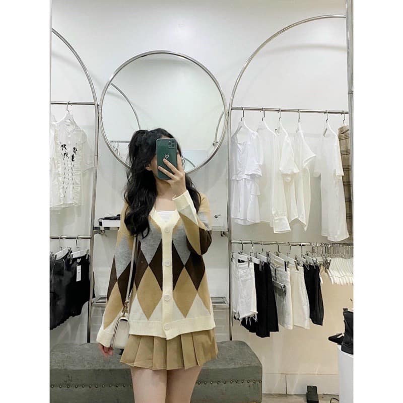Áo khoác cardigan len nữ dài tay form rộng kẻ ulzzang , Áo choàng kiểu set đồ thu đông nữ