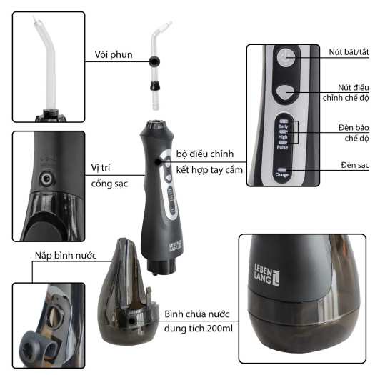 Tăm nước cầm tay Lebenlang LBT1486S model 2022, 3 chế độ, 5 đầu tăm thay thế - Gemizy Shop