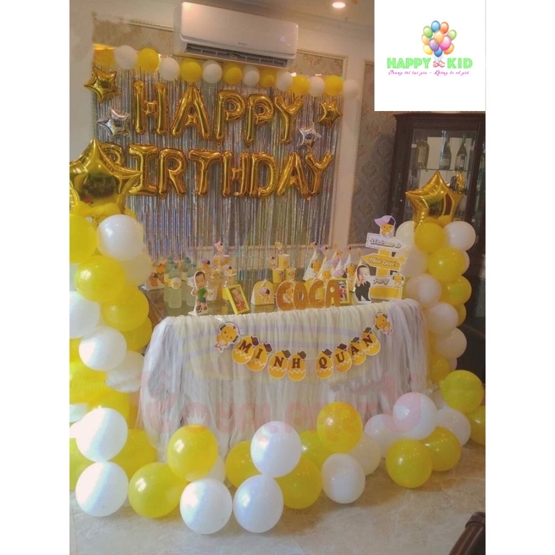 Set trang trí sinh nhật bé trai bé gái 2 rèm kim tuyến bóng chữ Happy Birthday 50 bong bóng tròn HAPPYKID STTSN2R