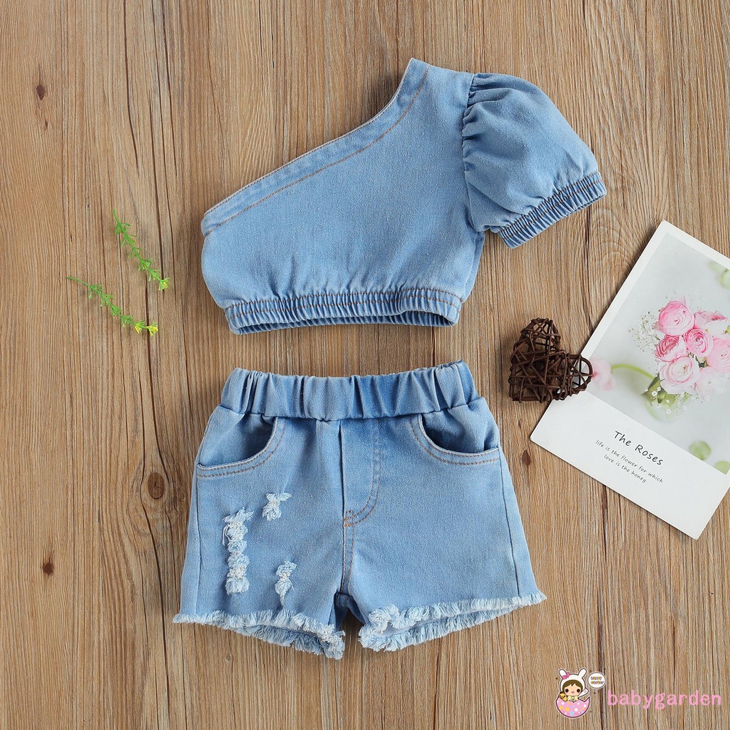 Áo Crop Top Hở Vai Có Túi + Quần Short Denim Cho Bé Gái