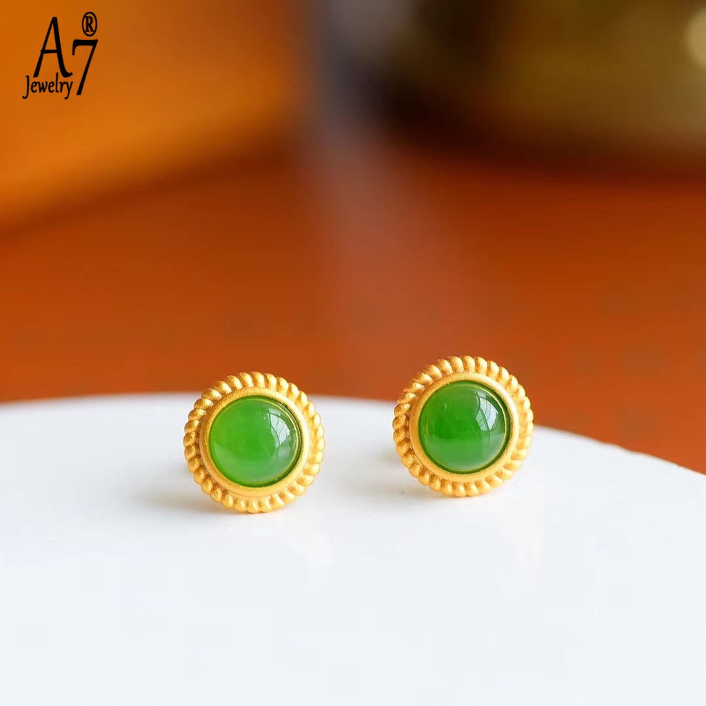 A7 S925 Sterling Silver Inlaid Gemstone Gilding Craft Jasper Stud Earrings