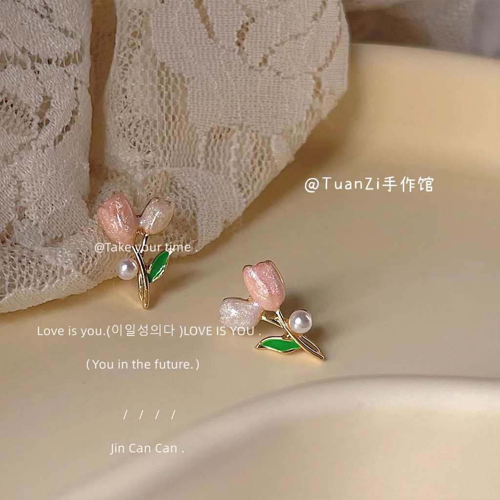 Vòng cổ/ bông tai AY hình hoa tulip/ trái đào/ heo hồng đính ngọc trai phong cách Hàn Quốc cho nữ