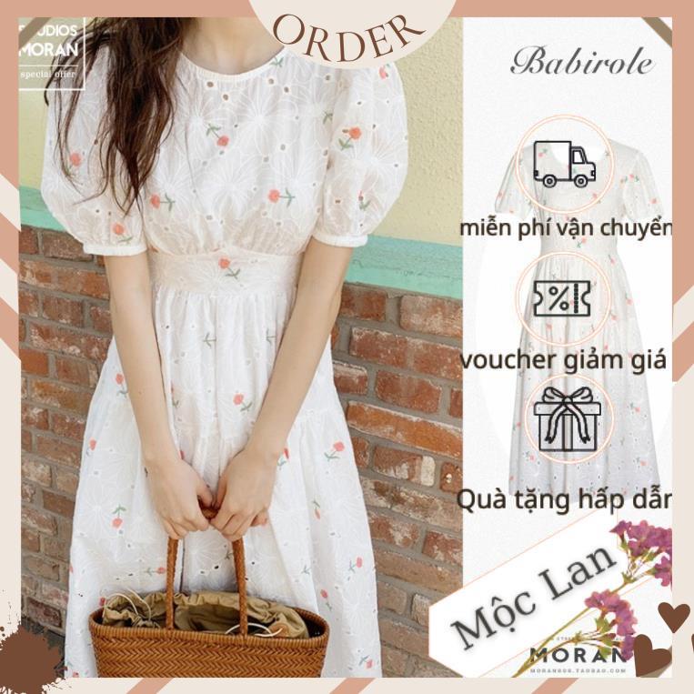 (MộcLan ORDER) Váy MORAN ren trắng hoa đỏ tay phồng thon eo xòe dài điệu đà vintage nhẹ nhàng Hàn Quốc