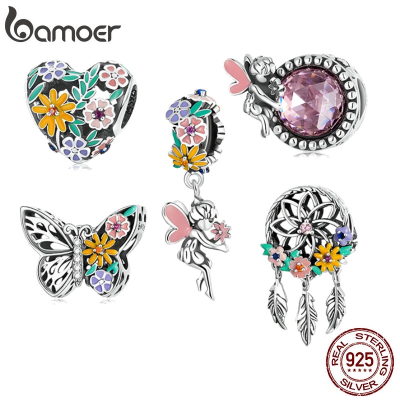 Phụ kiện hạt BAMOER BSC588/ BSC589/ BSC590/ BSC591/ BSC592 bằng bạc 925 hình hoa/ bướm dùng làm trang sức DIY