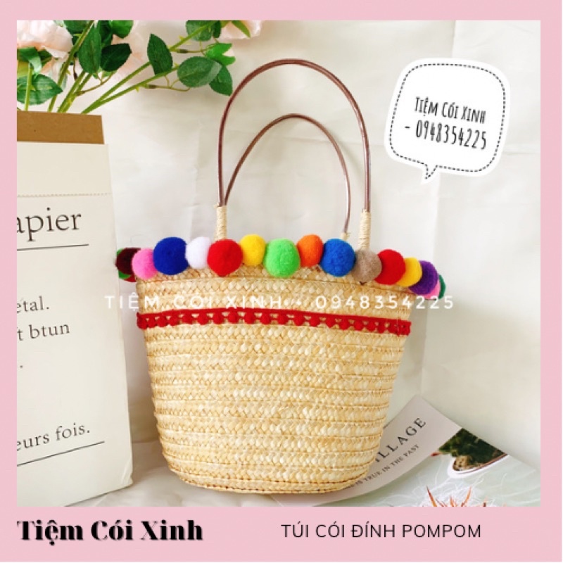 Túi Cói Pompom Sắc Màu Dễ Thương