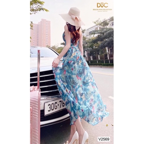 V2569 váy maxi hoa xanh