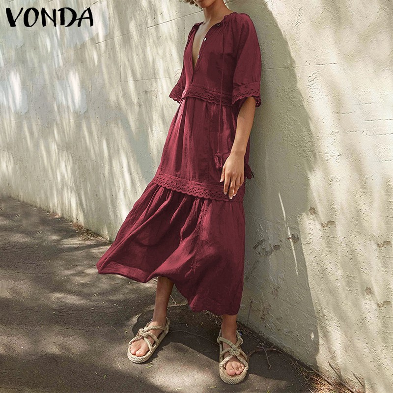 Đầm Cotton Linen VONDA Dáng Rộng Tay Lửng Phối Nút Thời Trang Cho Nữ | BigBuy360 - bigbuy360.vn