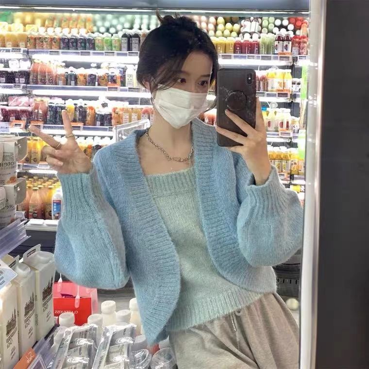 Áo Sweater Dệt Kim Giả Hai Lớp Dáng Ngắn Màu Hồng Thời Trang Thu Đông Hàng Mới