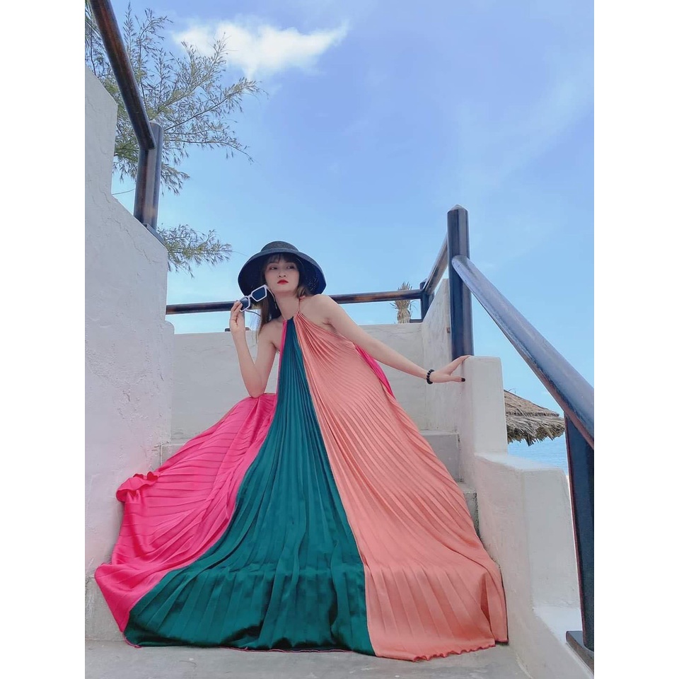 Đầm maxi đi biển váy đi biển phối màu cổ yếm có mút ngực chất liệu Lụa Satin xinh đẹp sang trọng XUKA-DRESS DT050