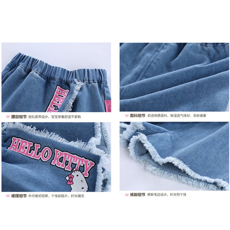Quần Short Denim In Hình Hello Kitty Cho Bé Gái 4-12 Tuổi