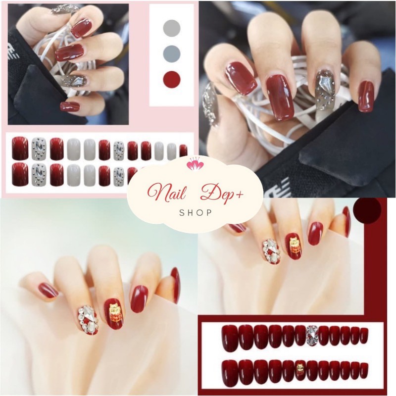 Set 24 móng tay giả , nail giả đính đá sơn gel màu đỏ đô rất sang chảnh và cá tính ( kèm keo ) DH