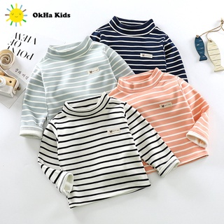 Áo giữ nhiệt họa tiết kẻ sọc cho bé trai, bé gái áo thun cổ lọ chất cotton OhHa Kids