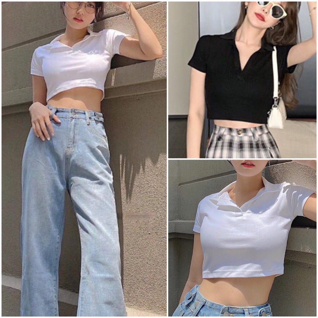 Áo croptop nữ chất cotton siêu mát - Áo croptop polo ngắn tay 2 màu Trắng, Đen AT05 | BigBuy360 - bigbuy360.vn