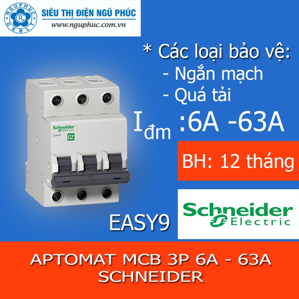 Aptomat MCB Easy9 - 3P - 10A ~ 63A Schneider