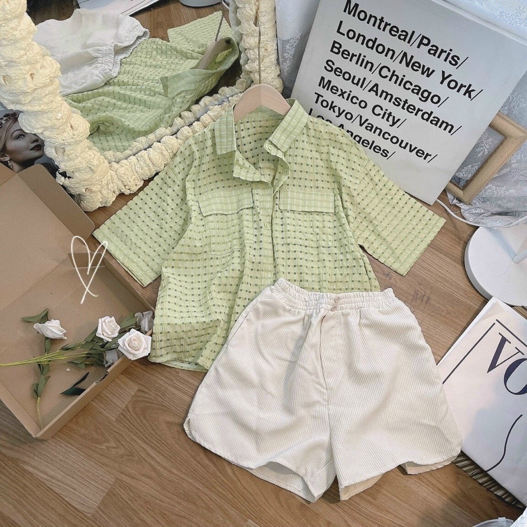 Set sơmi cam 1 túi tay ngắn+short💖 KÈM ẢNH THẬT